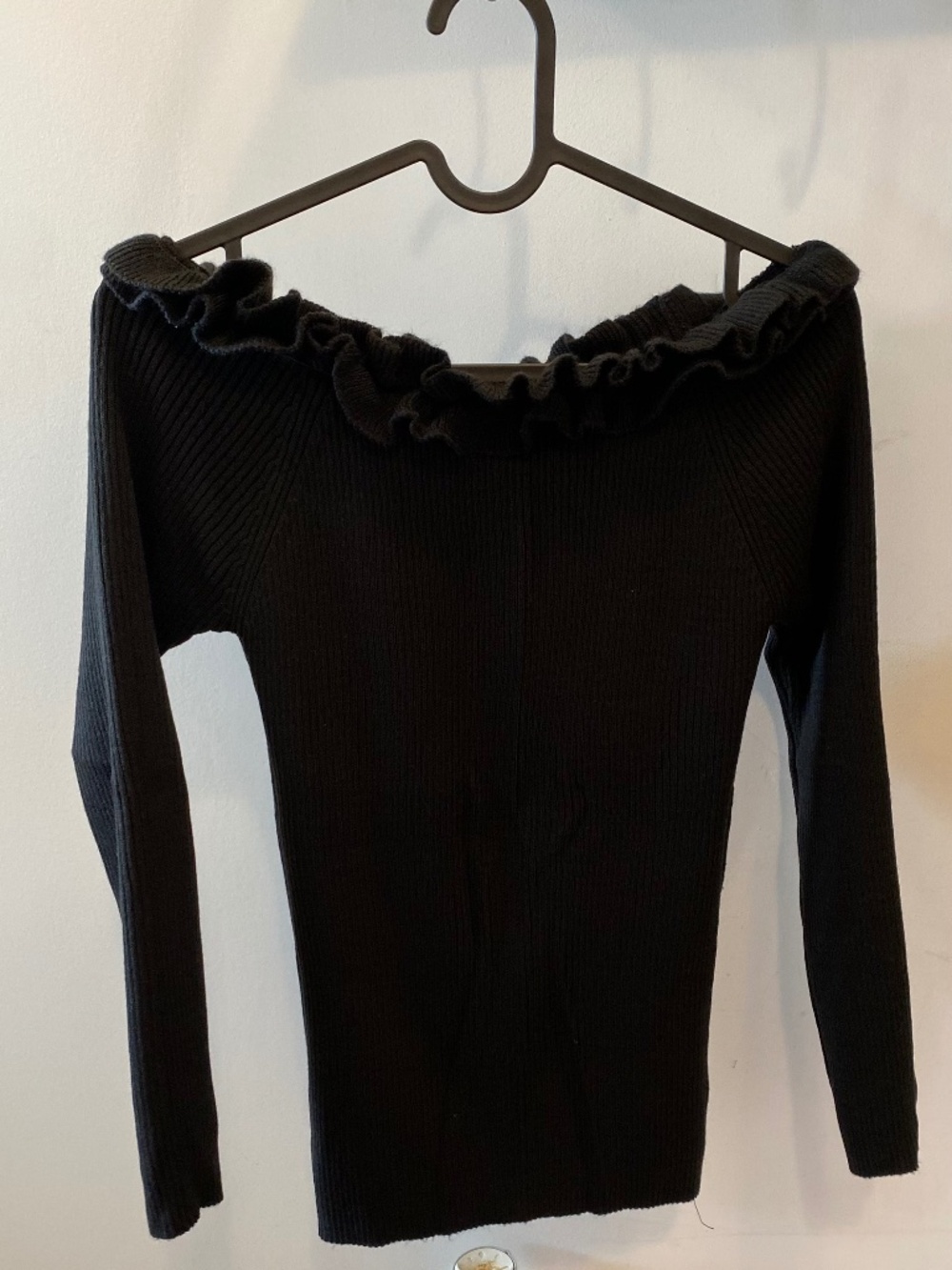Black Ribbed Off Shoulder Ruffle Long Sleeve Top